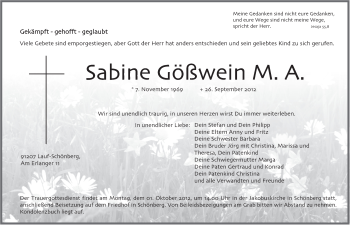 Traueranzeige von Sabine Gößwein von Pegnitz-Zeitung